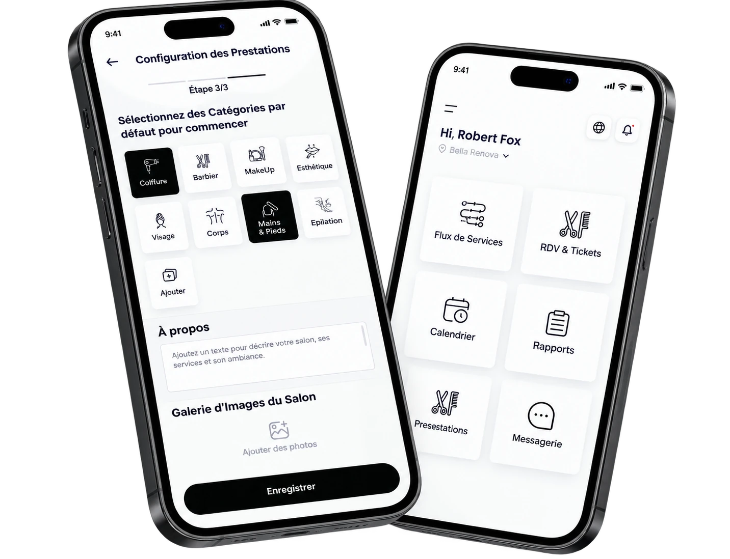 Écrans de l'application Justwell Pro : configuration des prestations et accueil du salon